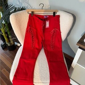 Edikted Red Lace-Up Flare Pants